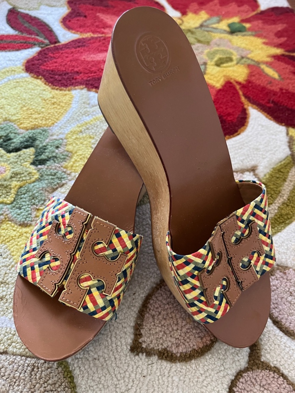 Tory Burch Multicolor Woven Slide Wedge with Brown Footbed